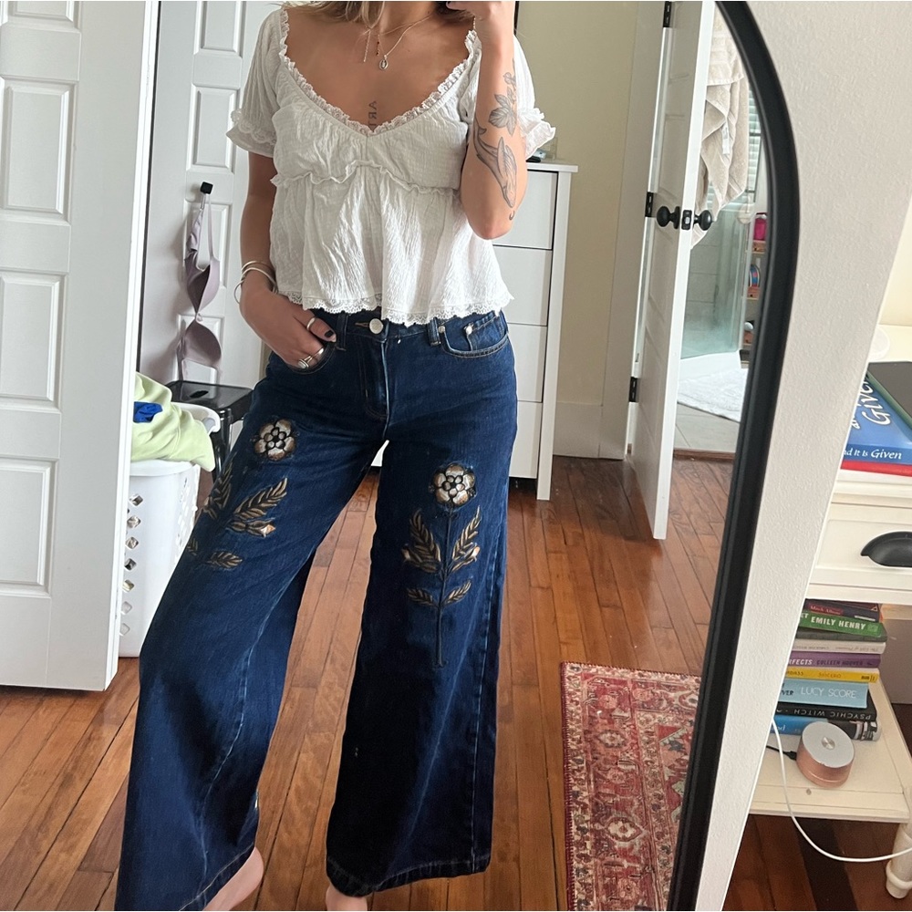 Meadows/free people embroidered floral and sun wide leg jeans
